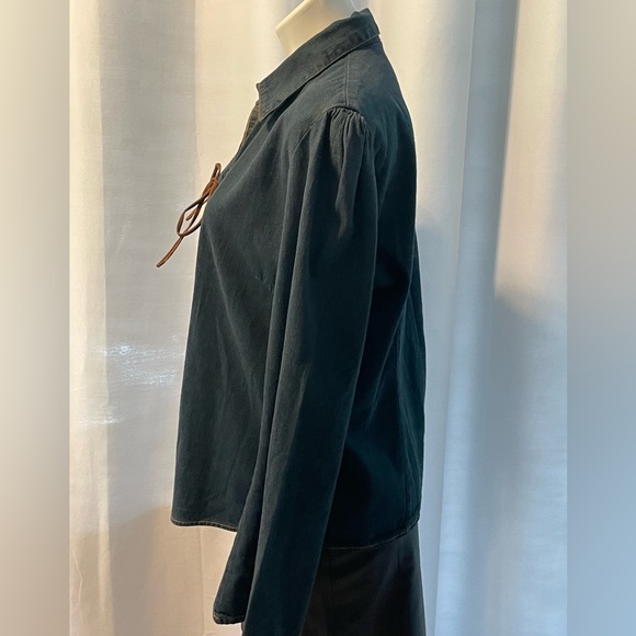 Billblass Vintage Inspired 1970’s Denim Lace Bell Sleeve Leather Tie Shirt - Picture 3 of 6